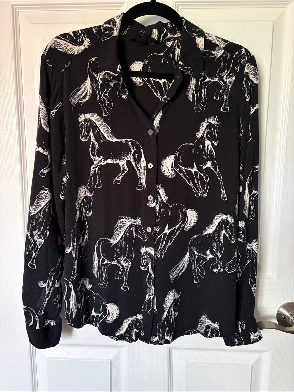 Jane and Delancey Black Button-Down Shirt with White Horse Print